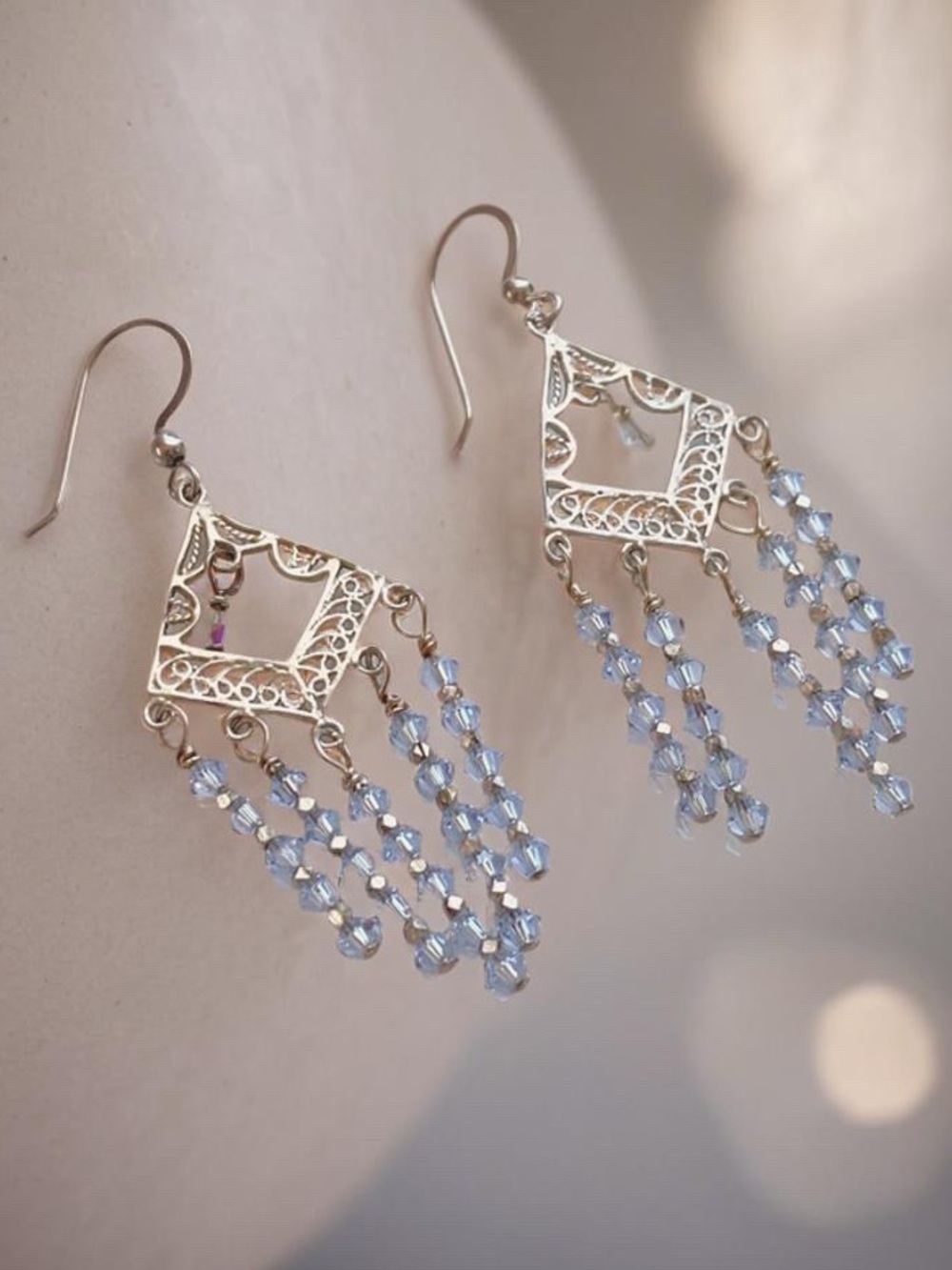 Delicate Silver Filigree Drop Earrings with Light Blue Crystal Beads